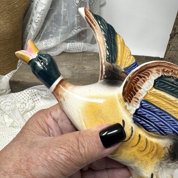 Vintage Hand-Painted Ceramic Flying Mallard Wall Pocket Hanging Decor Japan - Picture 7 of 8
